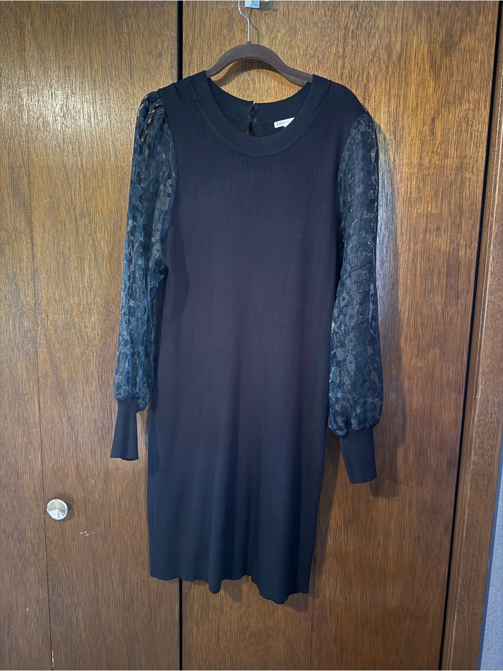Cato Black Knit Dress with Lace Puff Sleeves